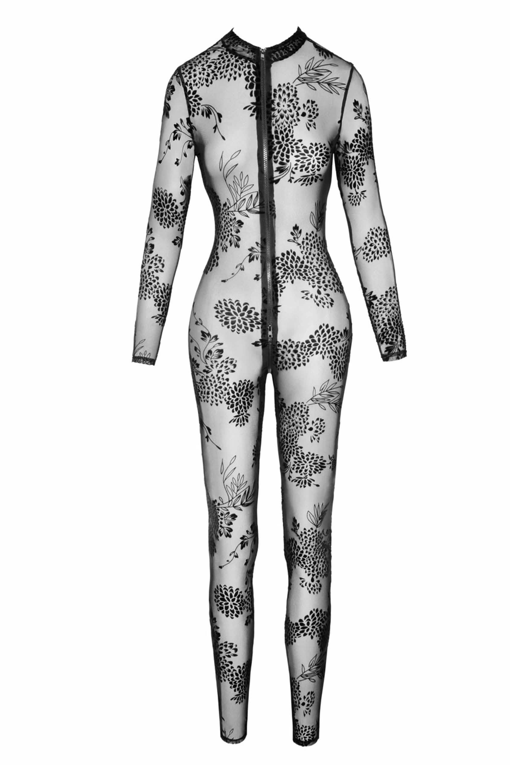 Transparenter Nylon Catsuit mit schwarzem floralen Muster und Reißverschluss, Ganzkörperanzug