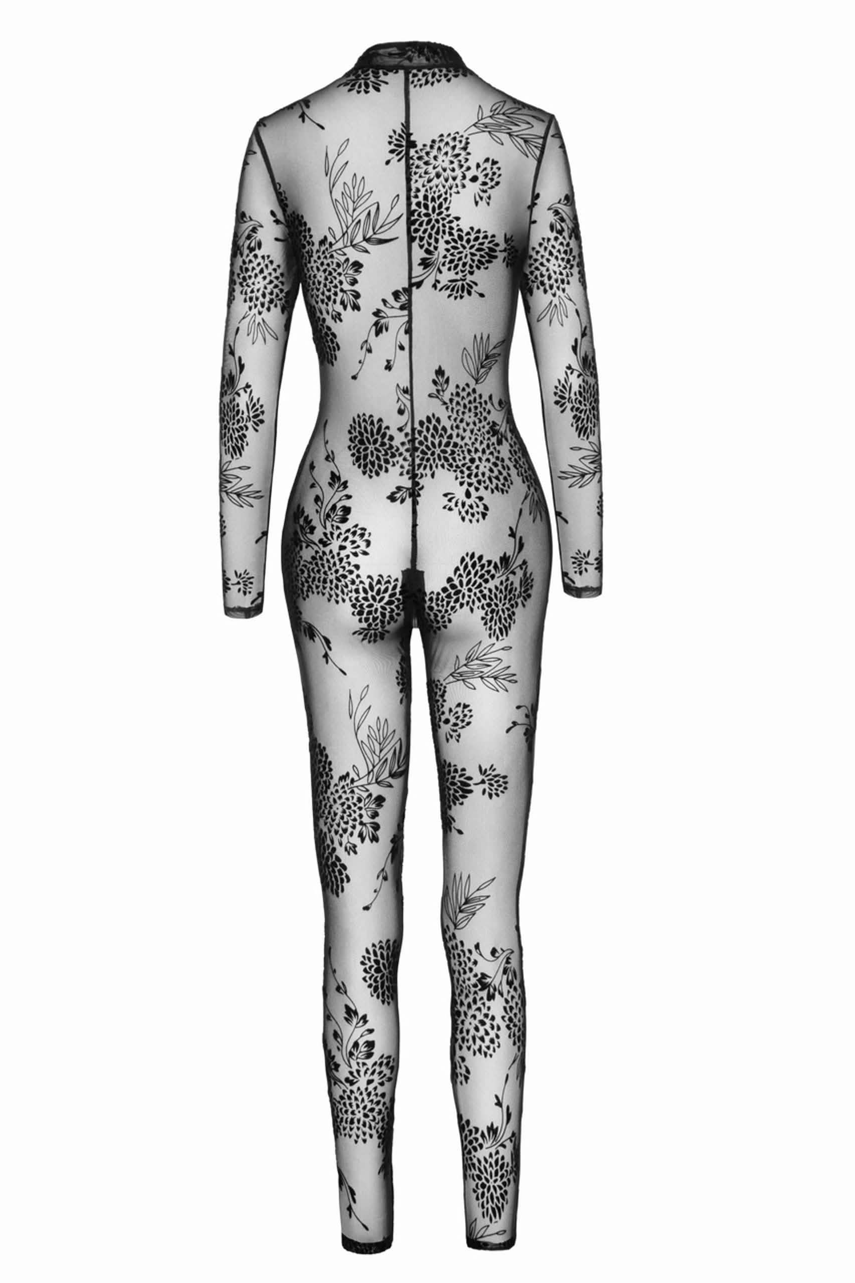 Transparenter Catsuit aus Nylon mit schwarzem Blumenmuster und langen Ärmeln, Rückansicht