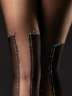 Schwarze Nylon Strumpfhose mit Glitzer-Steinen und elegantem Muster, Detailansicht