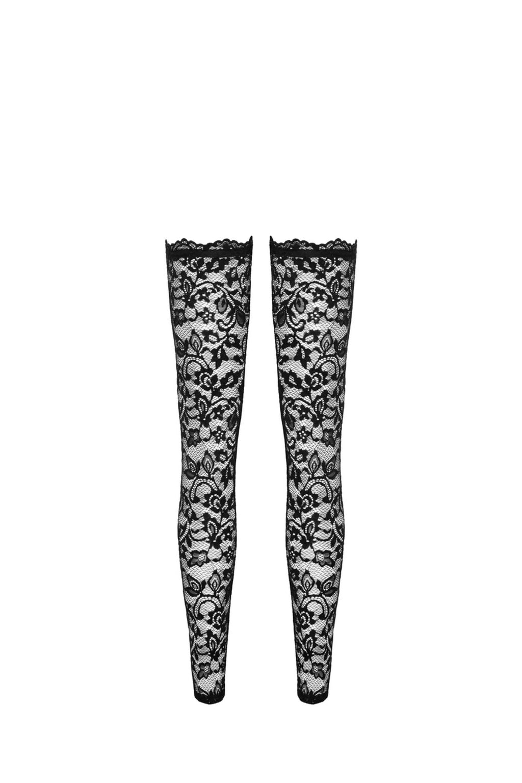 Schwarze halterlose Spitzenstrümpfe mit floraler Spitze, elegant und handgefertigt