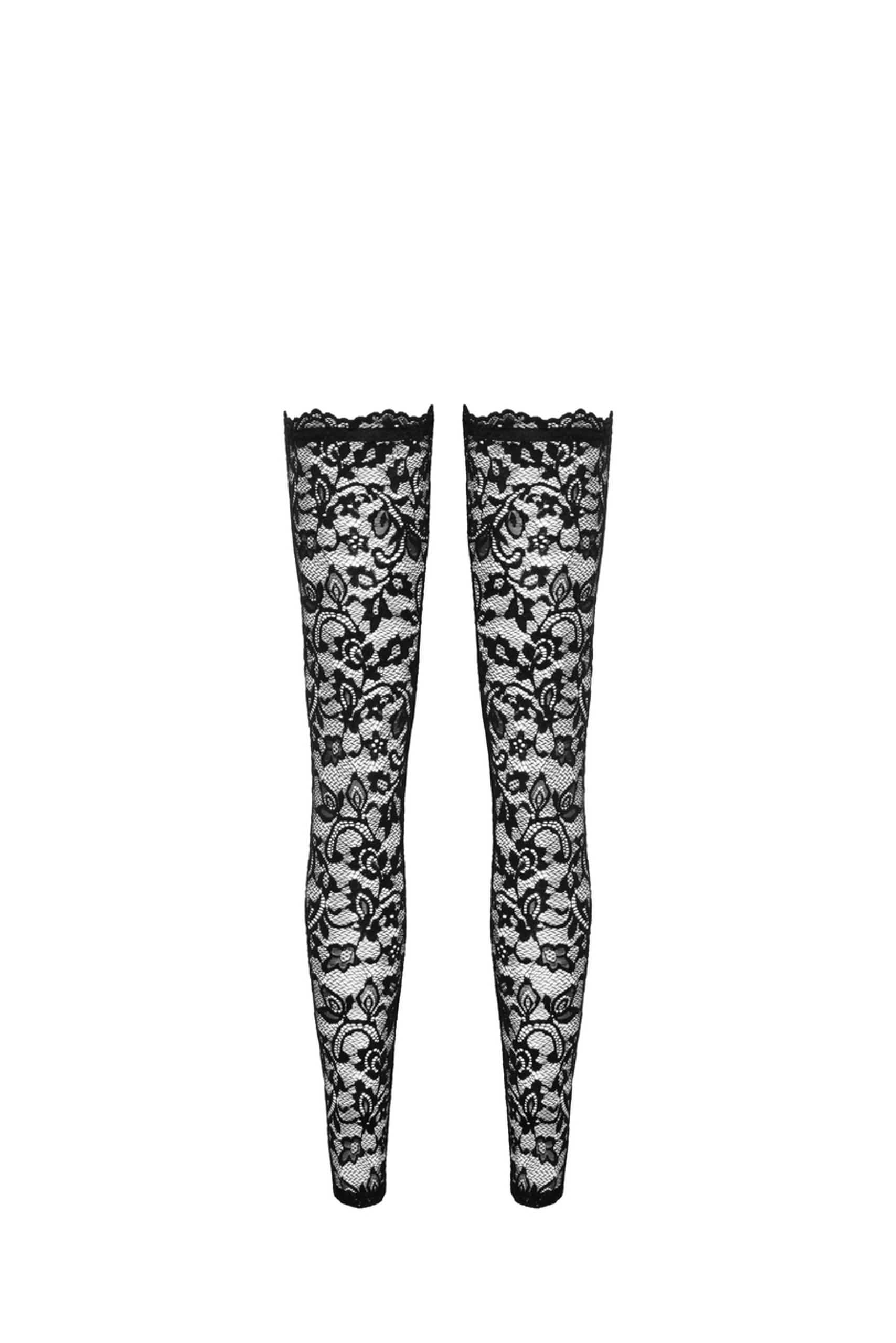 Schwarze halterlose Spitzenstrümpfe mit floraler Spitze, elegant und handgefertigt
