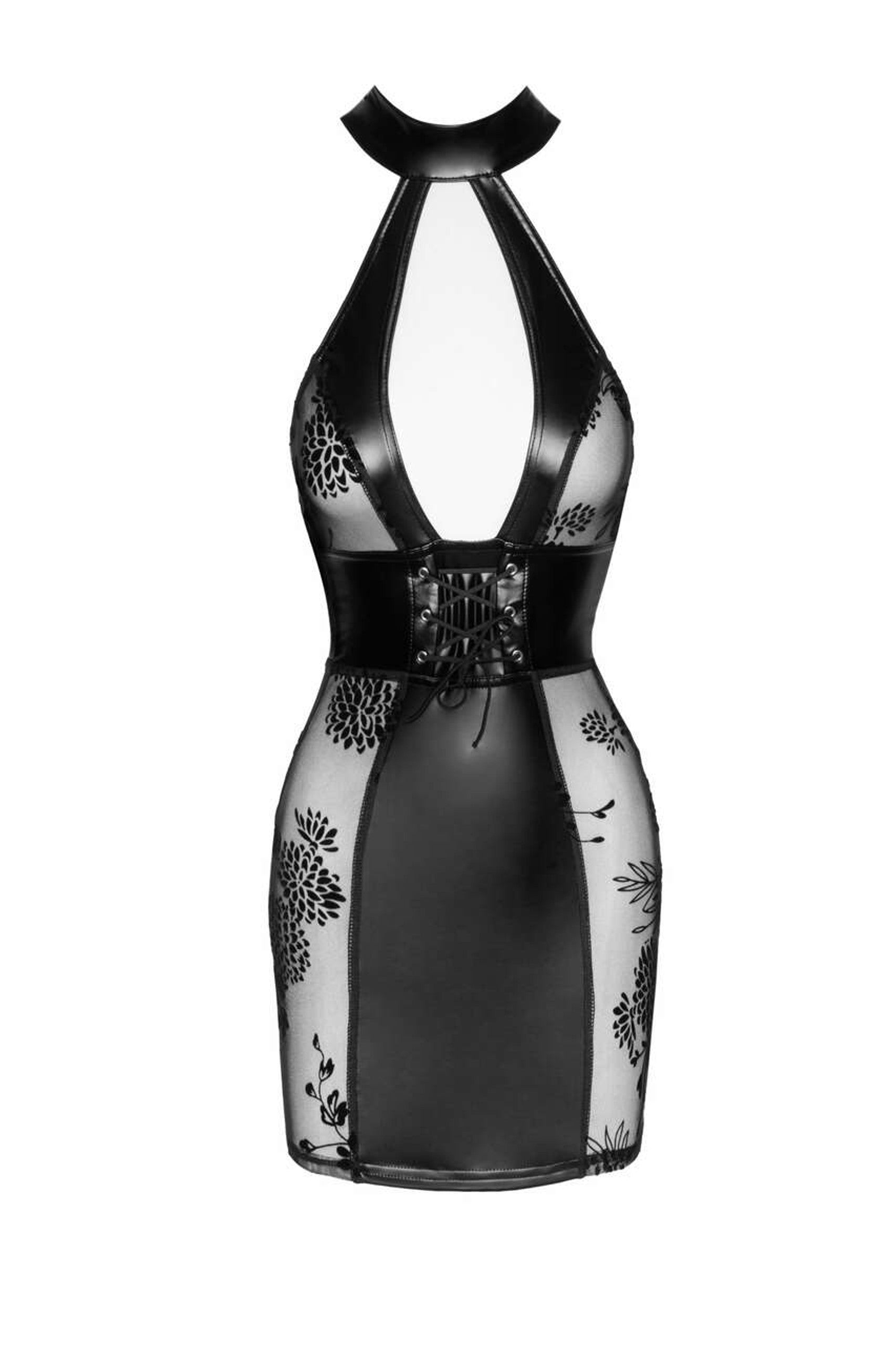 Mini robe audacieuse en wetlook avec mesh sur les côtés - noir