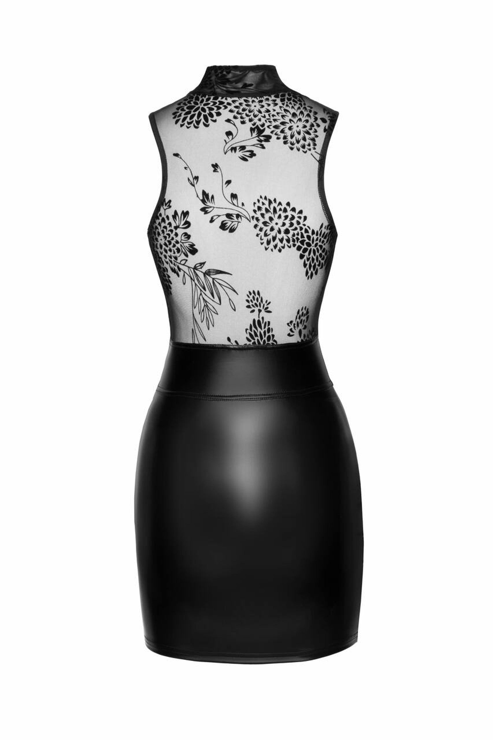 Kinky wetlook mini-jurkje met transparant mesh topje - zwart