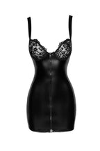 Schwarzes Wetlook Minikleid mit Spitze und Reißverschluss vorne, figurbetontes Design